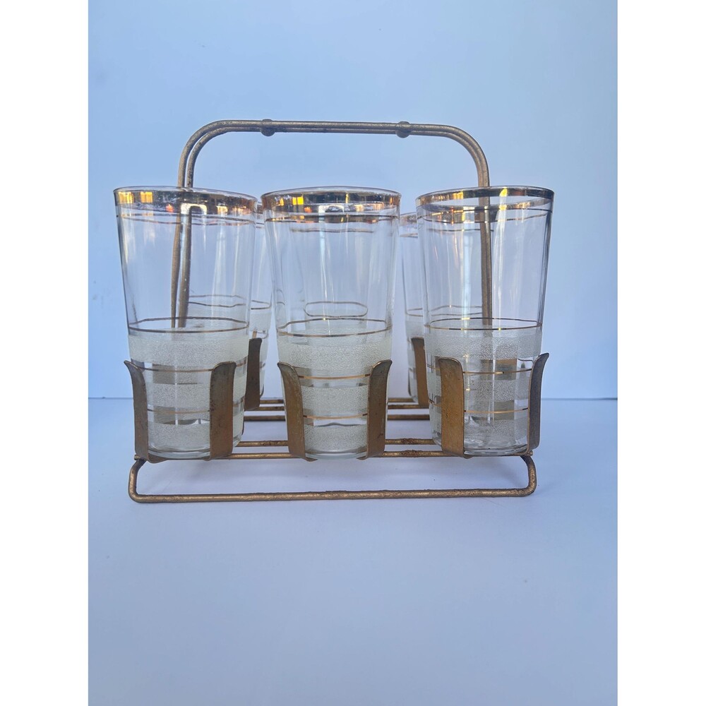 Vintage MCM Highball Glass Set with Caddy | 7-Piece MCM Barware Carrier